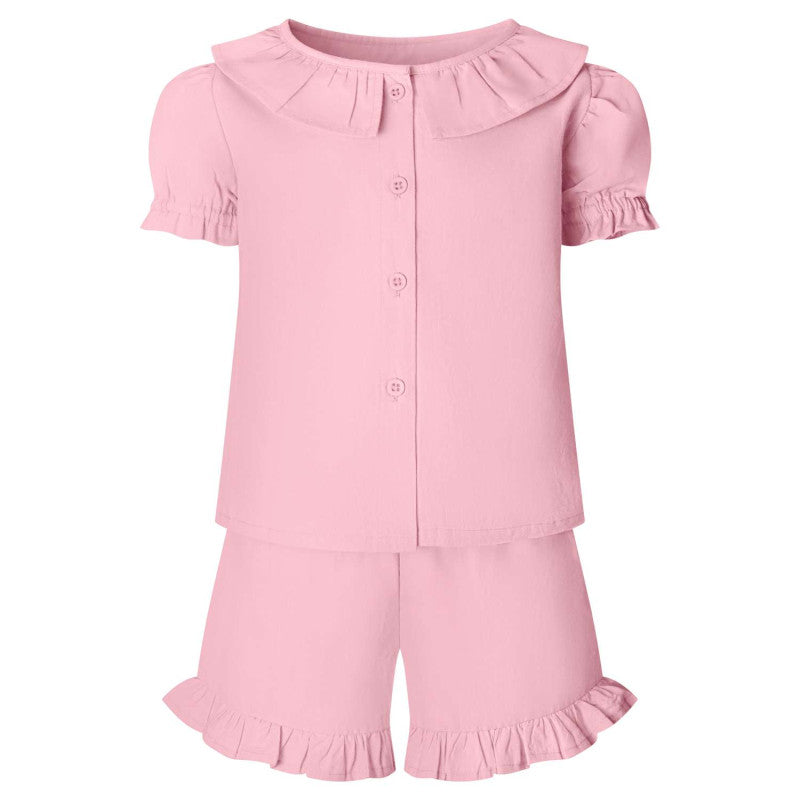 Pink Linen T-Shirt & Short Frill Girls Set