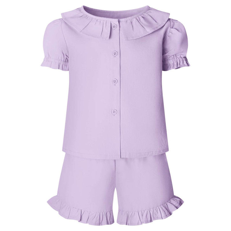 Purple Linen T-Shirt & Short Frill Girls Set
