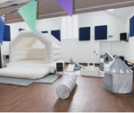 Load image into Gallery viewer, Bouncy castle and soft play set up (PINK, WHITE, BLUE) Pretty Little Parties Cornwall
