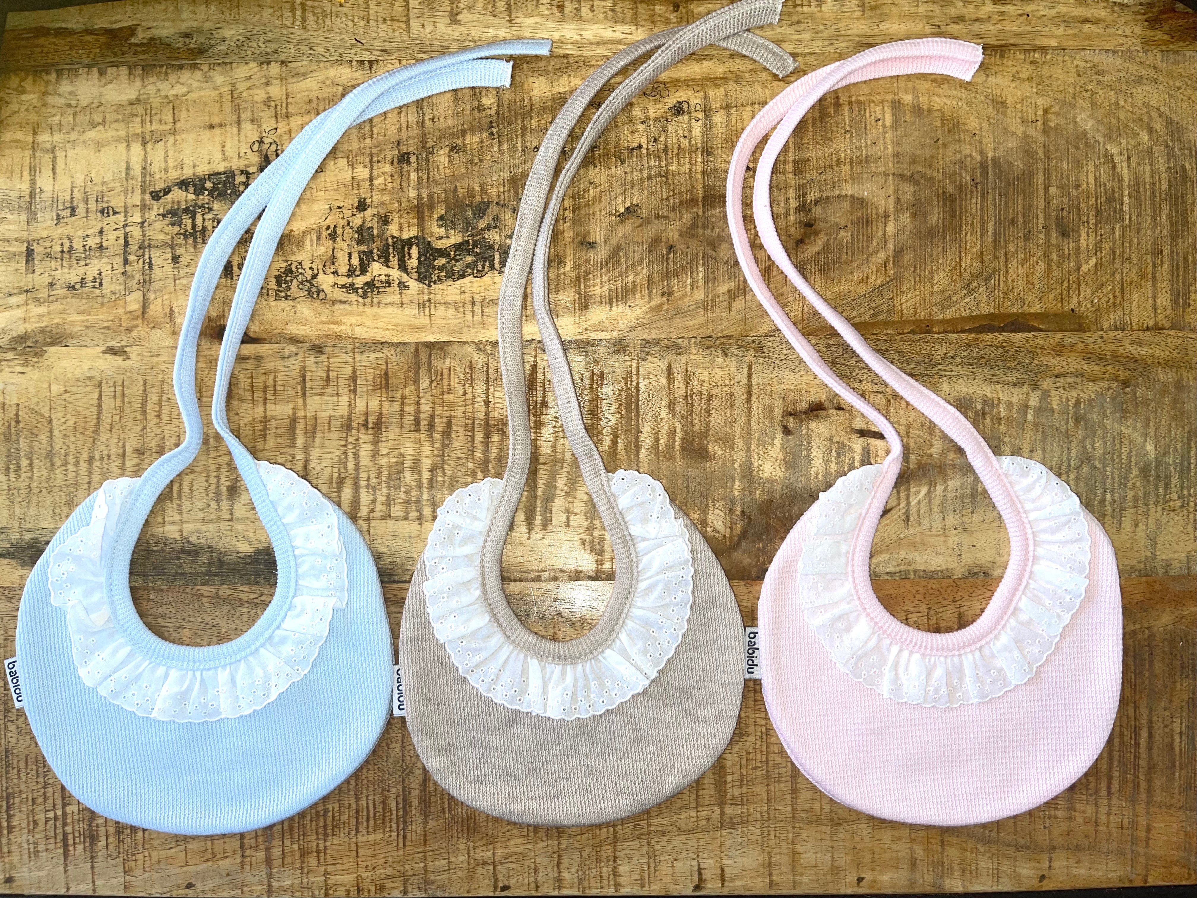 Babidu - Luxury Broderie Bibs - Embroidery Available (Pink, Blue, Dark Beige)