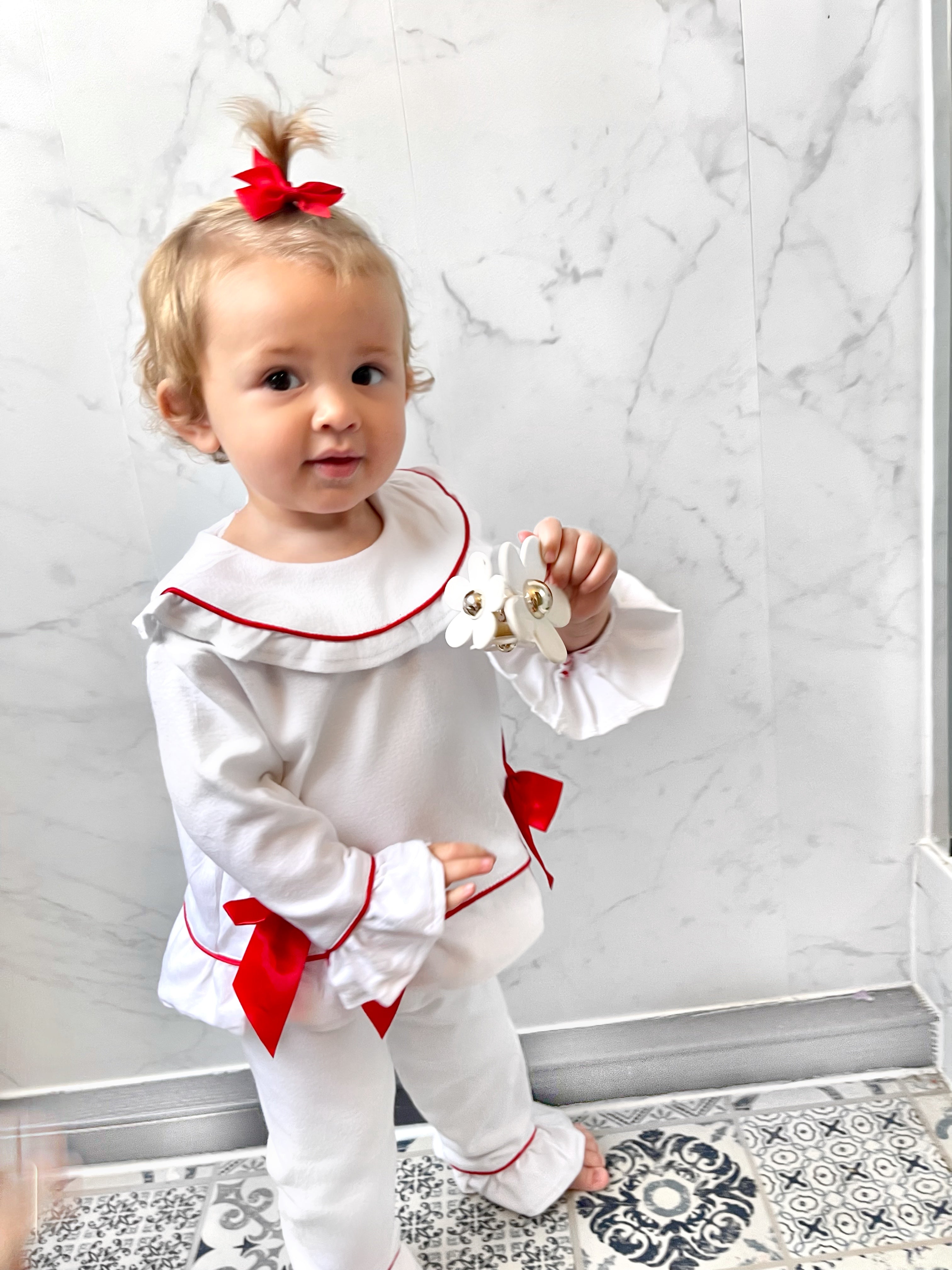 Girls Luxe Red trim pyjamas (Choose your own embroidery options available)🤍